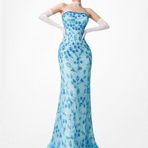 Vintage Blue Strapless Floral Beaded Silk Side Slit Maxi Bodycon Prom Dress L